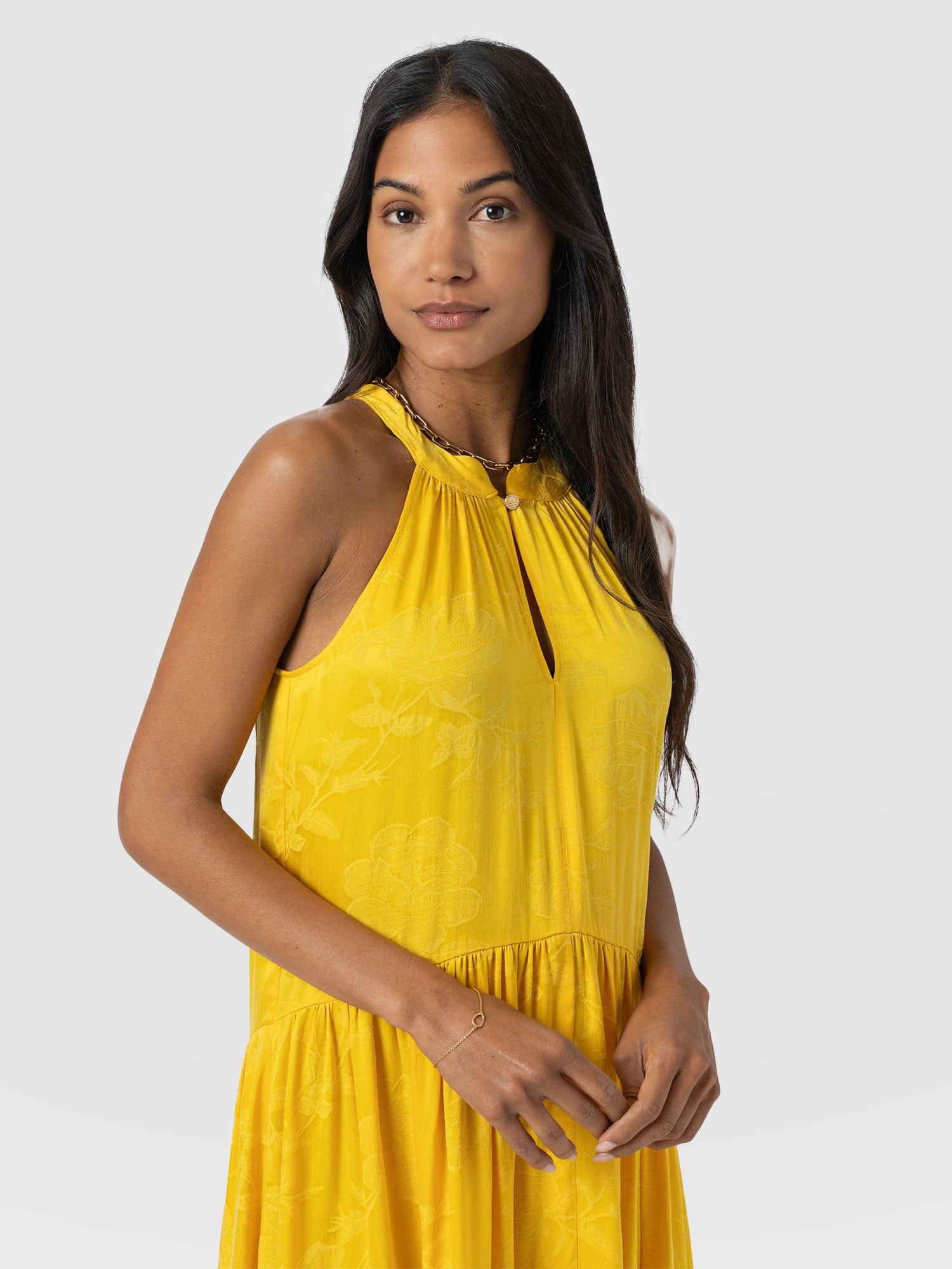 Zoey Halter Neck Dress - Yellow Jacquard